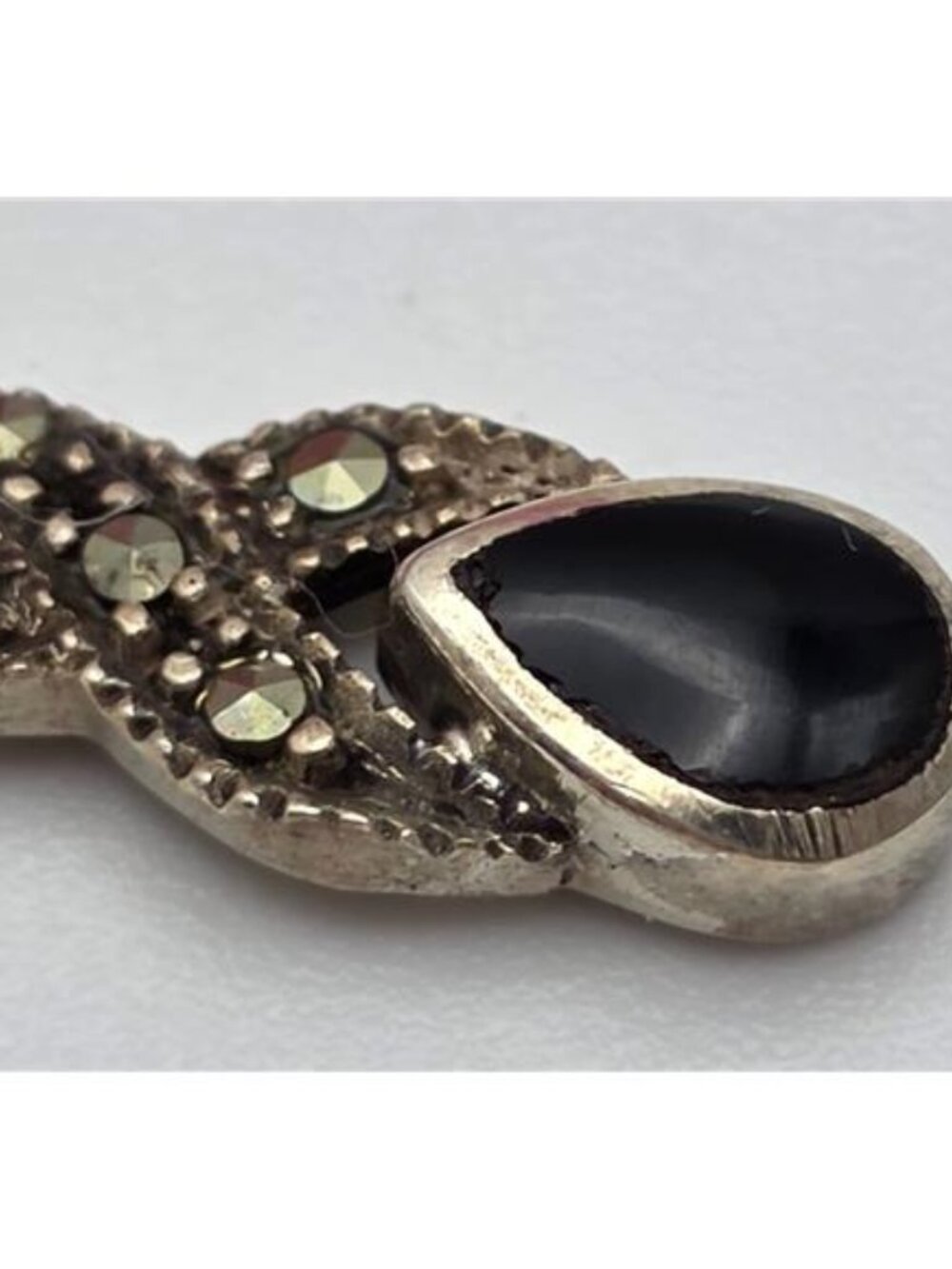 925 Sterling Silver Onyx Marcasite Pendant Necklace 18.5" 27mm Vintage - Picture 4 of 10